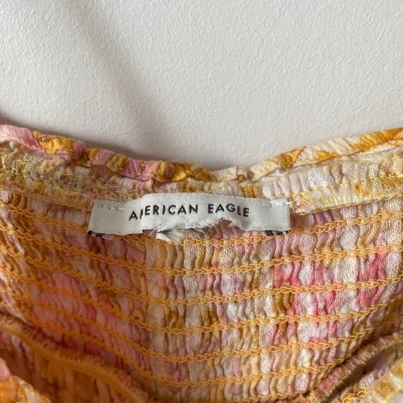 American  Eagle Floral Smocked Tiered Babydoll Tank Top Yellow Pink Sz S - Picture 4 of 6